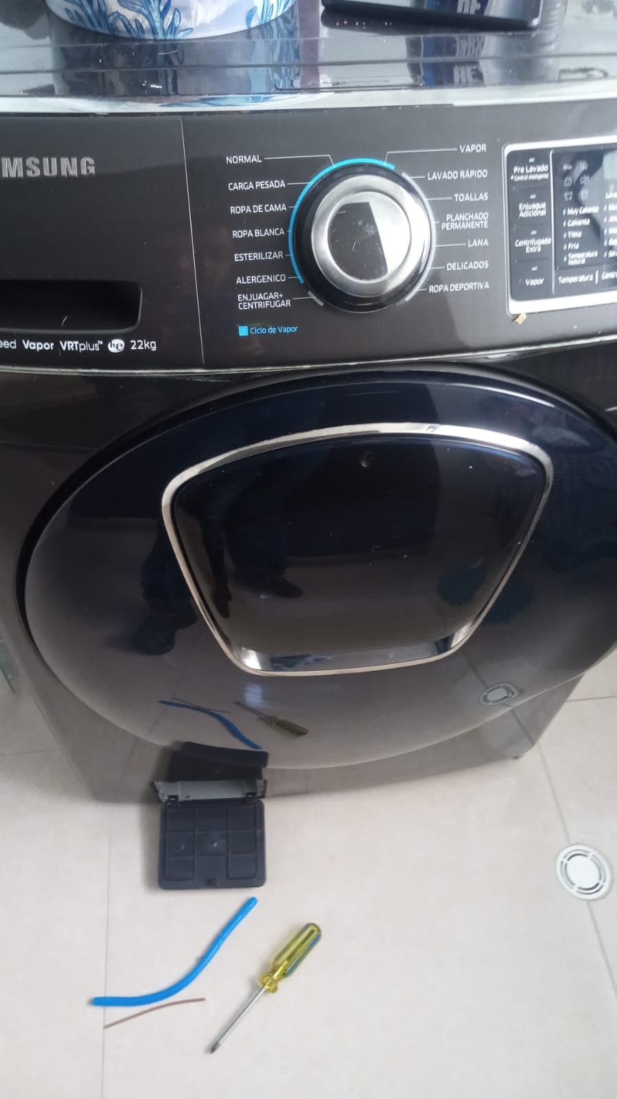 Filtro de la bomba de desagüe desmontado durante la reparación